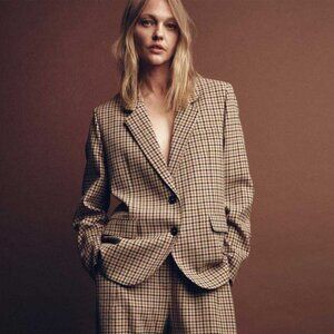 Zara Straight Brown Wool Blend Plaid Blazer Jacket - women's size small